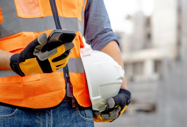 Construction worker holding a phone and his hat