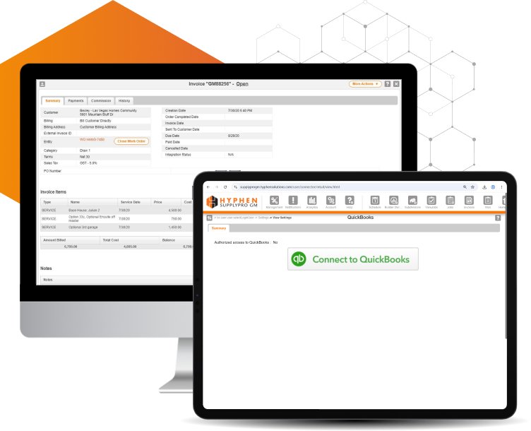 SupplyPro GM invoice and Quickbooks screens on tablet and desktop computer