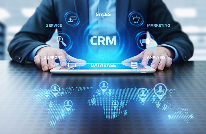 Person behind CRM Icons - service, sales, marketing, analysis, database