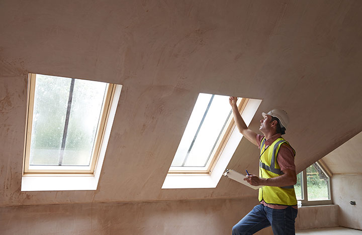 Construction worker looking through a ceiling window