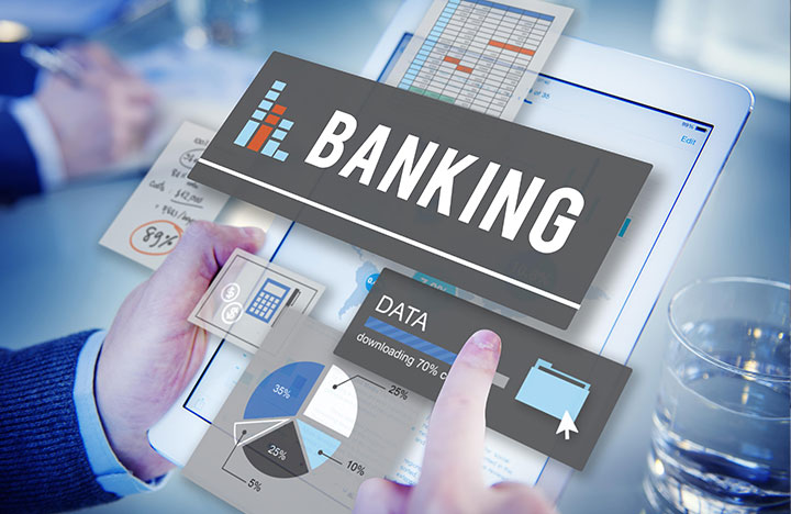 Man holding a tablet with floating Banking Icons on top of it