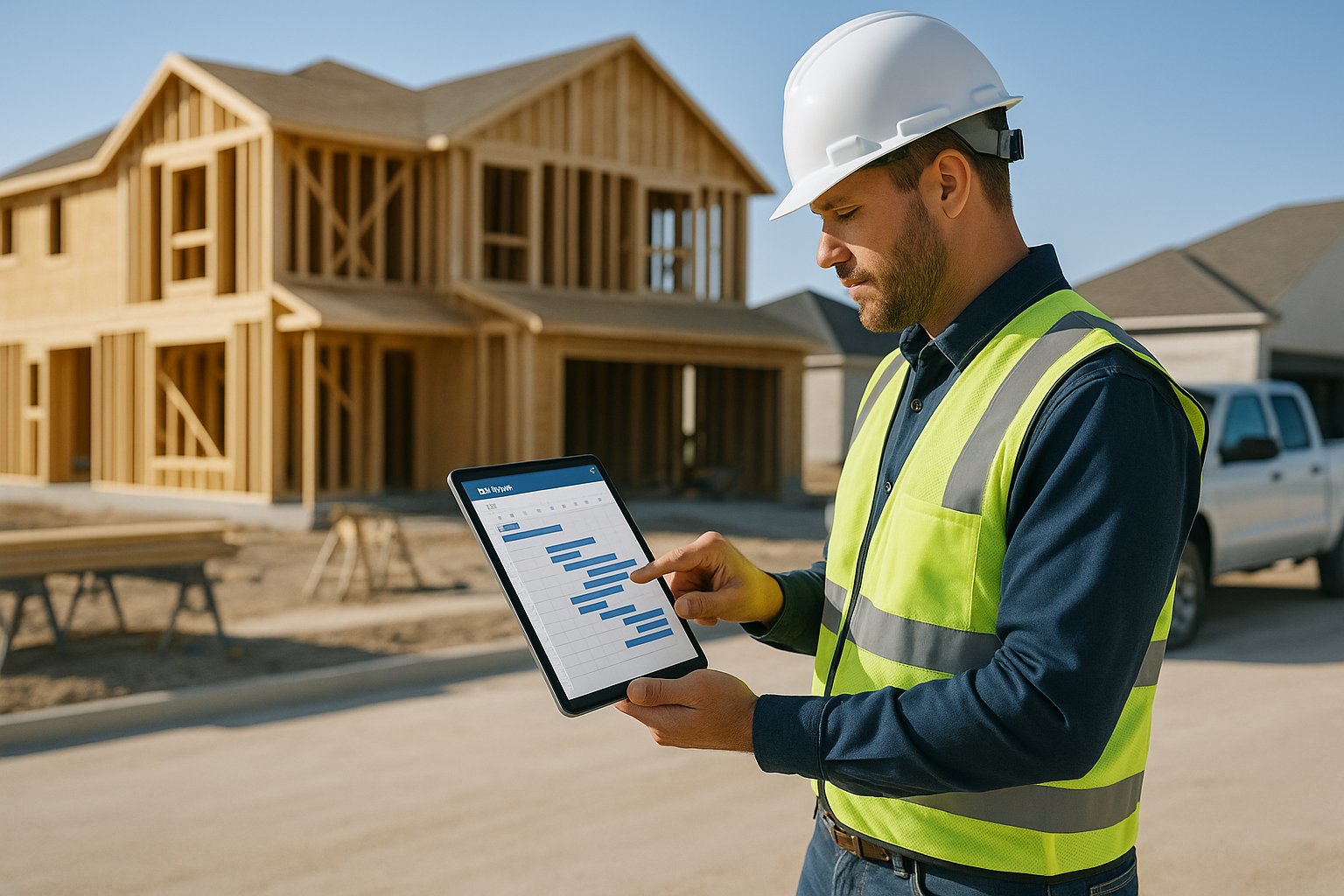 Subcontractor using scheduling software on a tablet at a residential construction site.