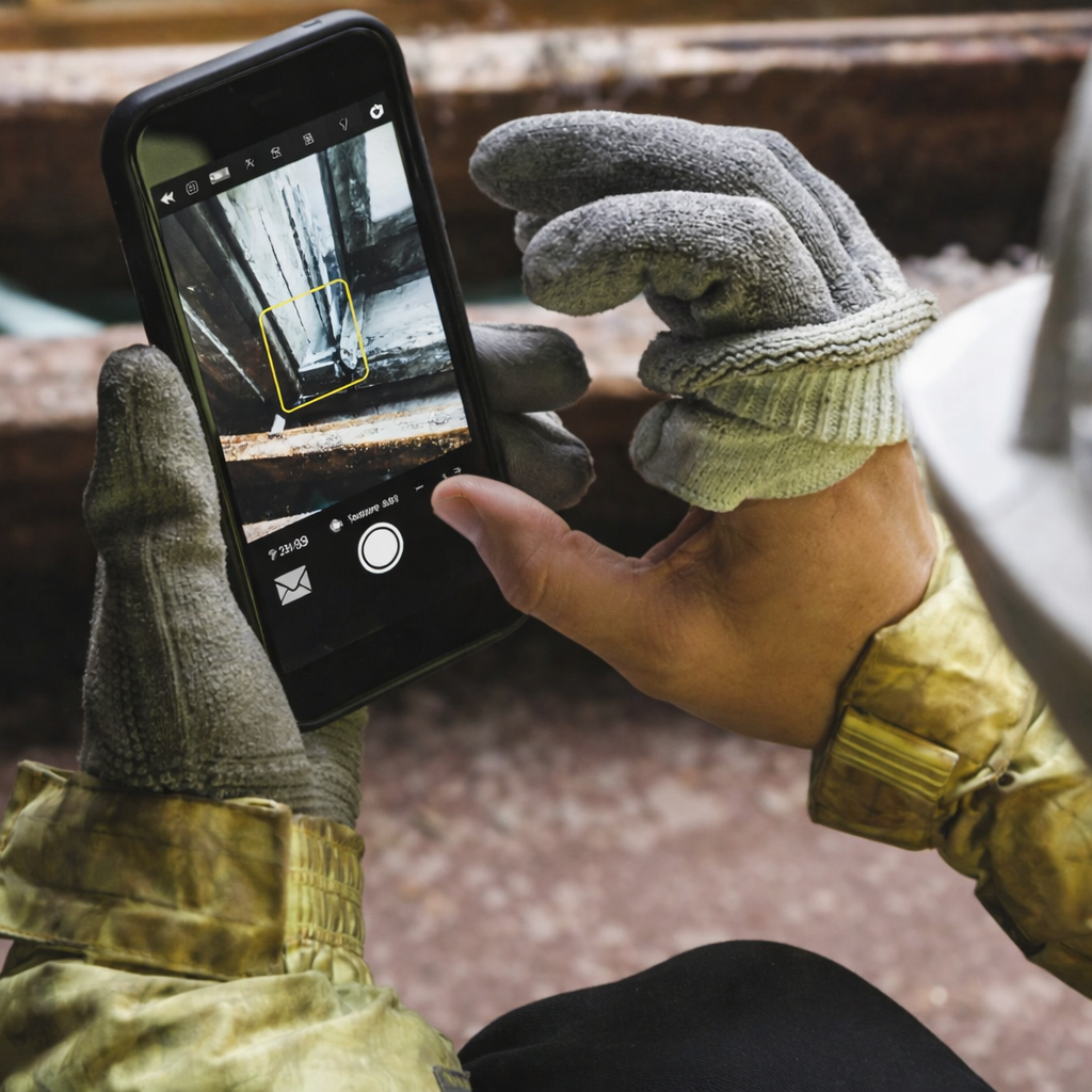 Construction worker capturing an image on their mobile device