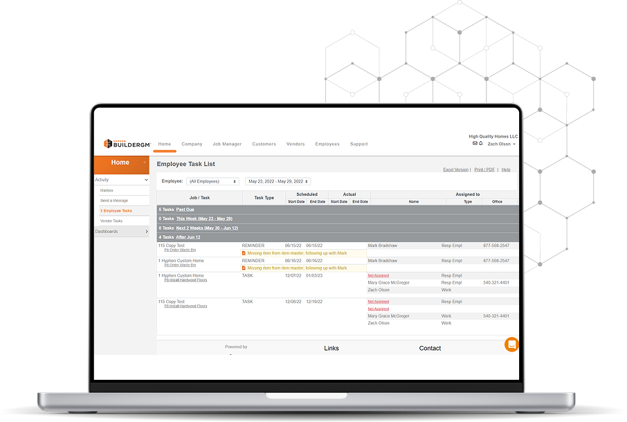 Hyphen BuilderGM employee task list displayed on a laptop