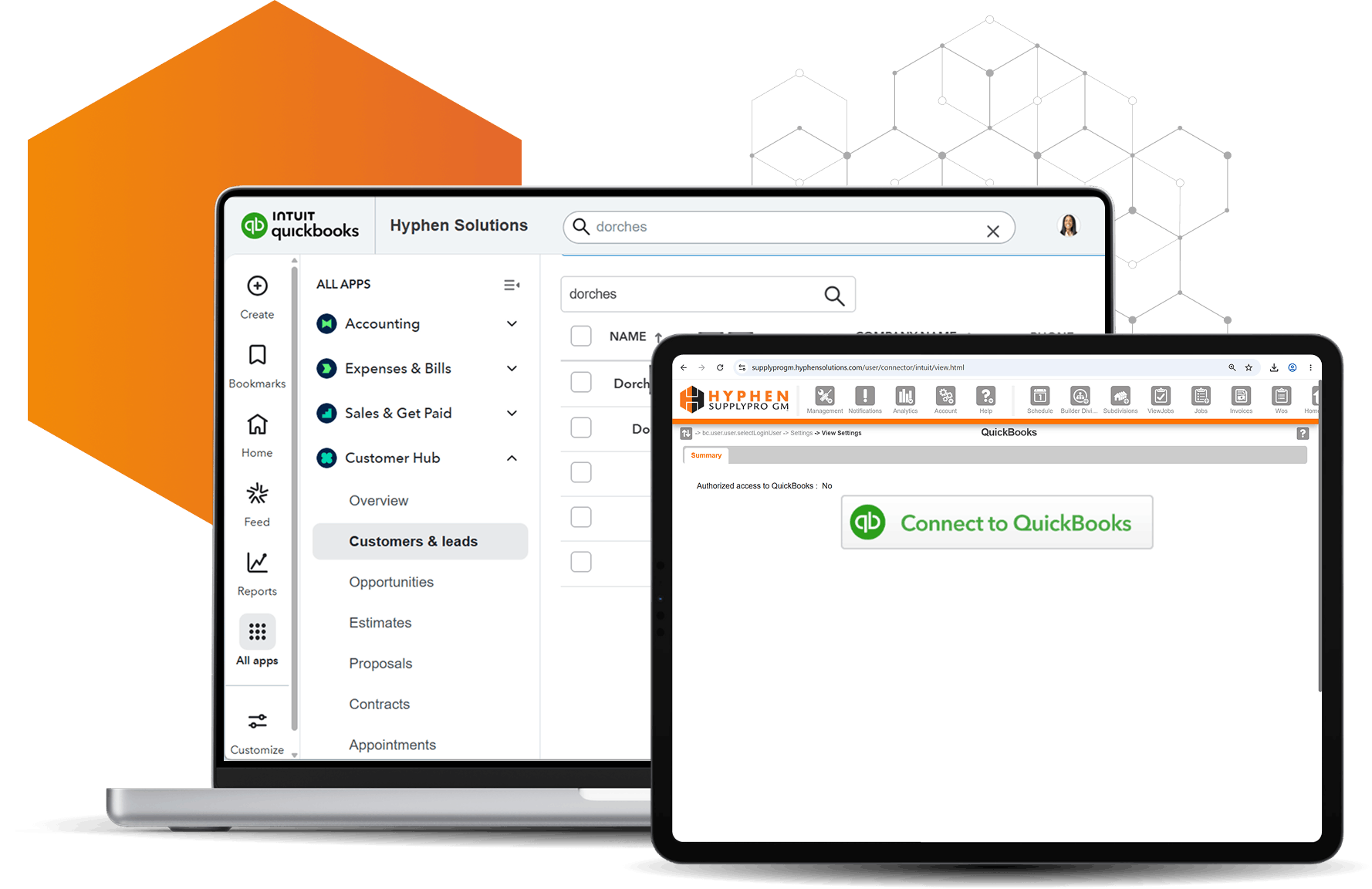 SupplyPro GM connecting to QuickBooks, shown on a tablet and a laptop screen