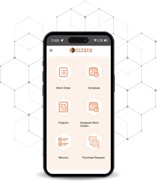 SupplyPro GM mobile app menu shown on a smartphone screen